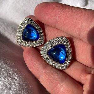 Vintage DS Co Swarovski blue stone and pave rhinestone clip on earrings
